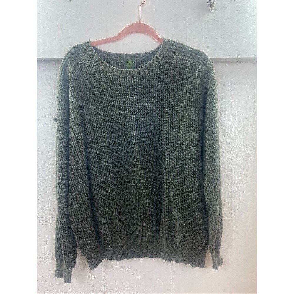 Timberland Men’s Large Green Sweater With Waistband Crew Neck Cotton Pullover